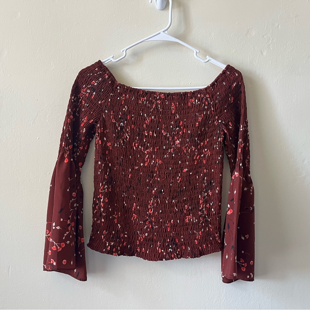Express Maroon Floral Off-Shoulder Bohemian Bell Sleeves Blouse Women’s Sz S/P